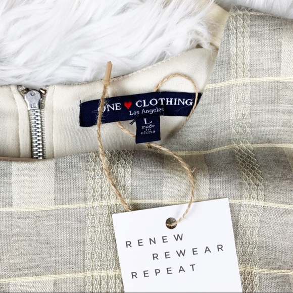 Cut-out Back Cotton Cream Gray Checked Dress Flare - Picture 4 of 9